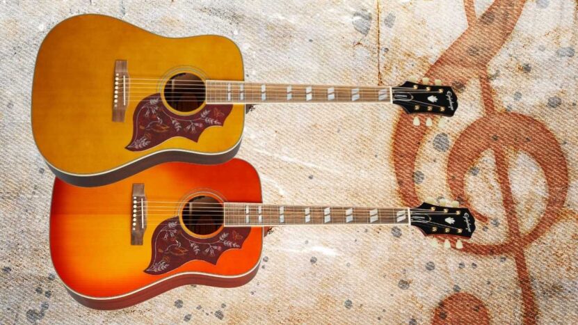 Aged Cherry Sunburst and Aged Antique Natural options for Epiphone Hummingbird guitar