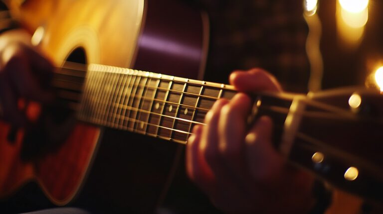 Person playing an acoustic guitar, with fingers pressing down on the strings along the fretboard. The background is softly lit, creating a warm, intimate atmosphere, perfect for practicing or performing music