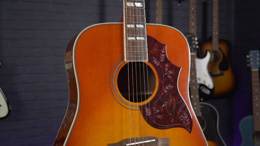 Close-up view of an acoustic guitar Epiphone Hummingbird